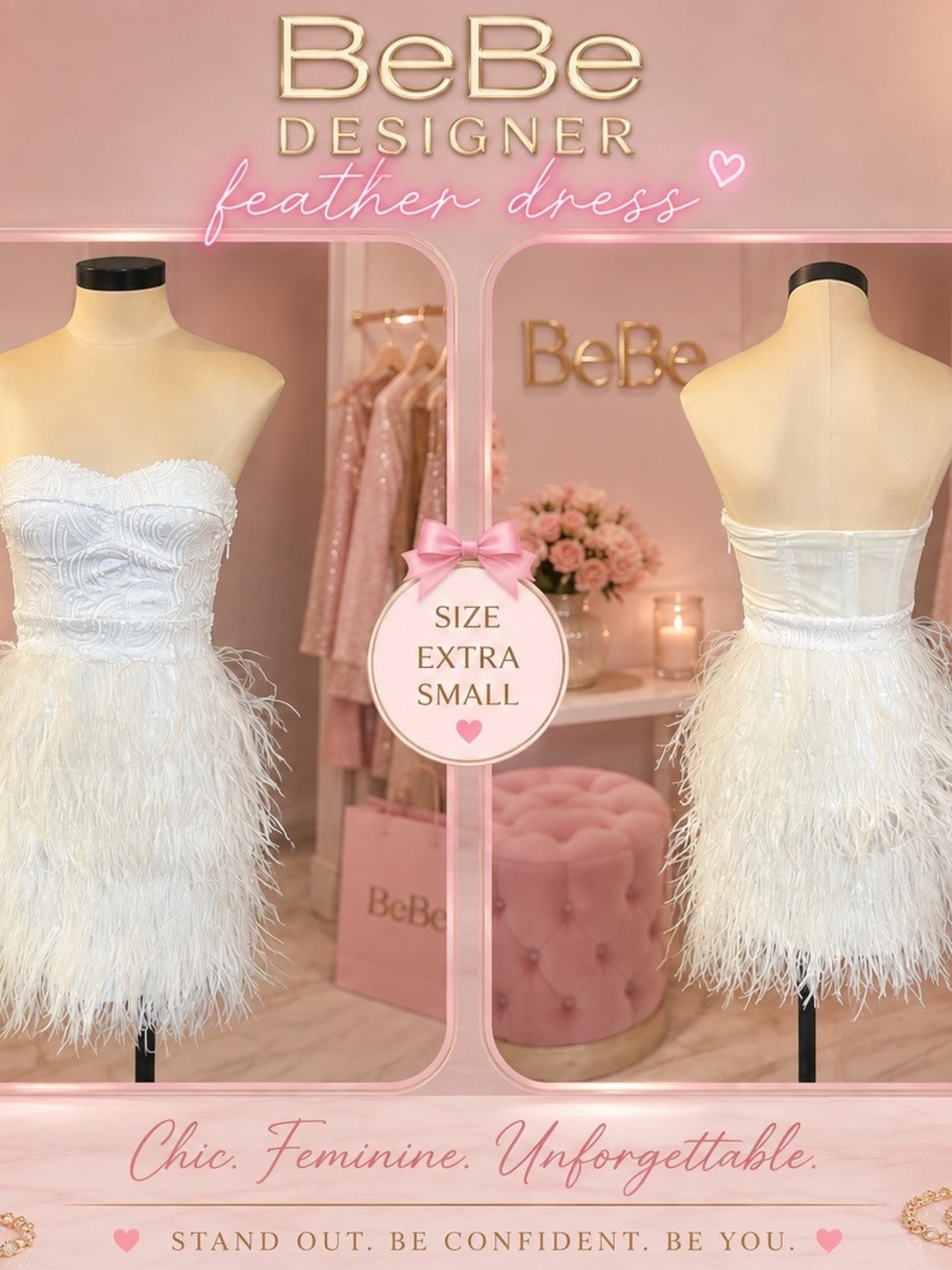 bebe White Strapless Feather Cocktail Dress